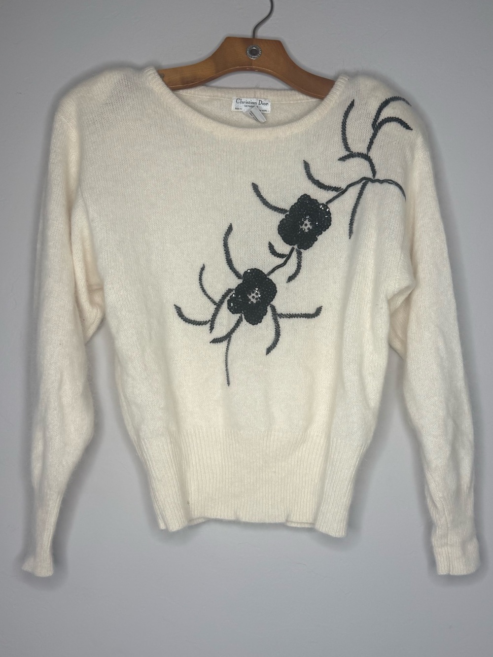 Vintage Christian Dior cream sweater with beading wool angora rabbit hair HOLE S